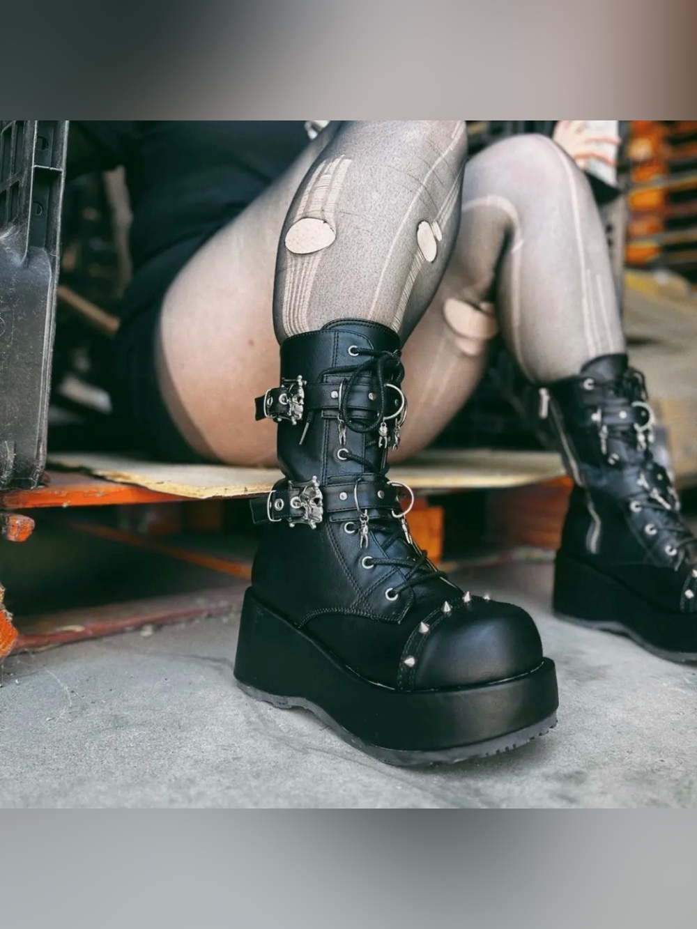 Demonia Black Platform Combat Boots with Buckles & Studs